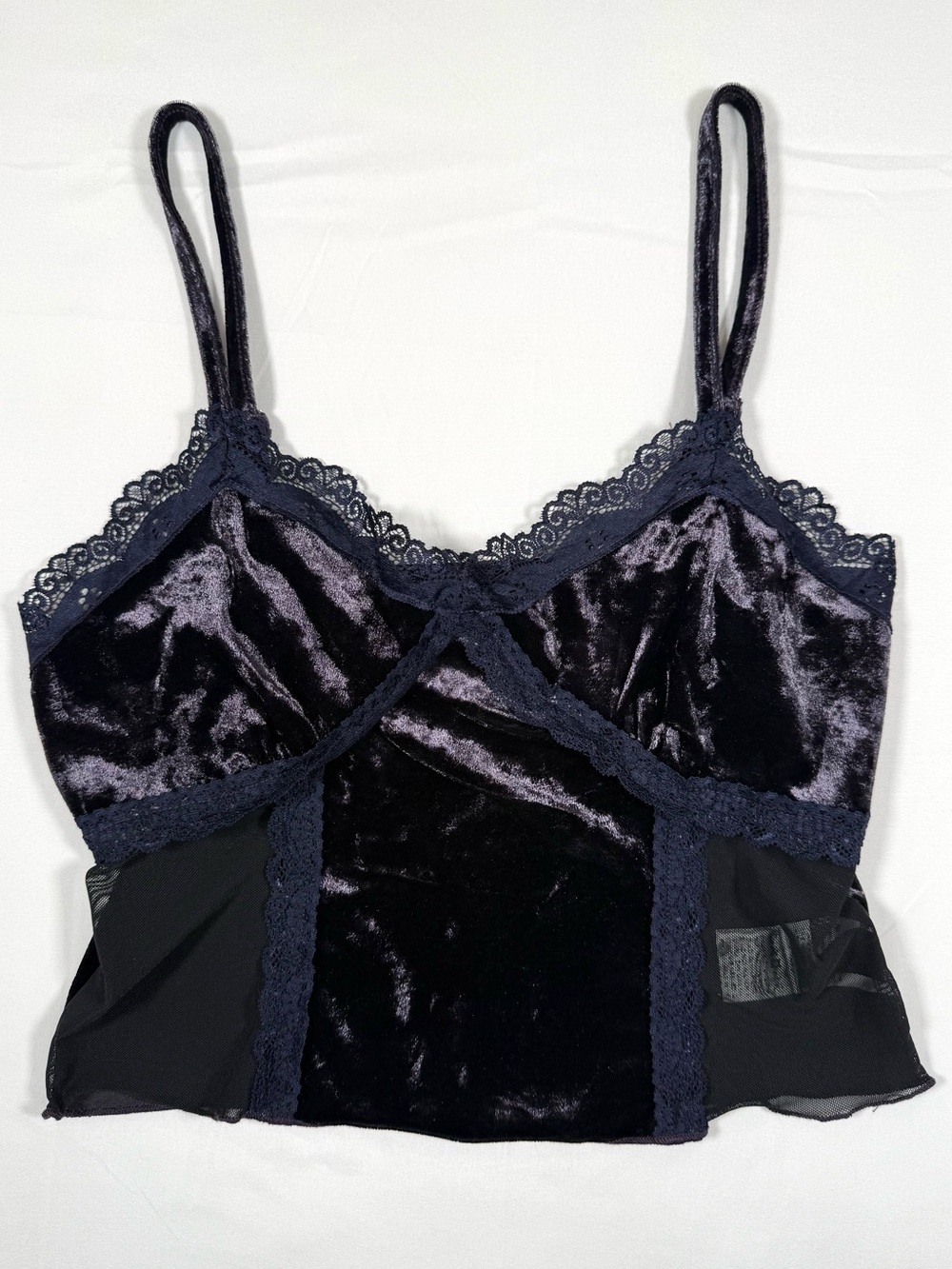 Y2K Velvet Lace Corset Cami Crop Top S Whimsigoth Goth DarkFairy Grunge Coquette